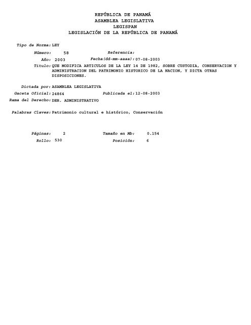 LEY No.58 DE 07-08-2003 QUE MODIFICA ARTICULOS DE ... - Justia