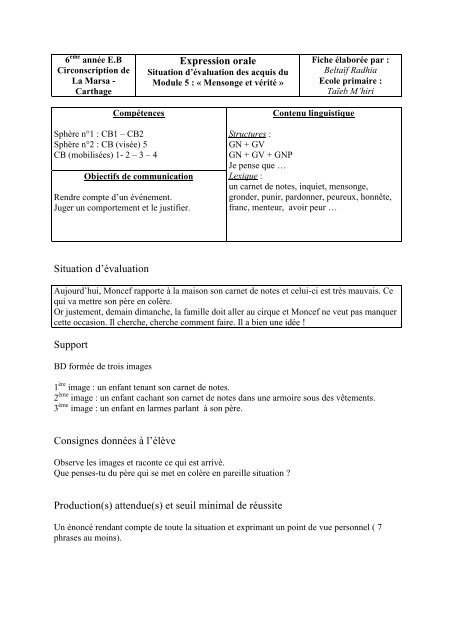 Expression orale Situation d'Ã©valuation Support Consignes donnÃ©es ...