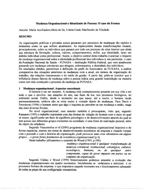 MudanÃ§a Organizacional e Identidade de Pessoas: O caso da ...