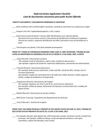 Deferred Action Application Checklist Lista de documentos ...