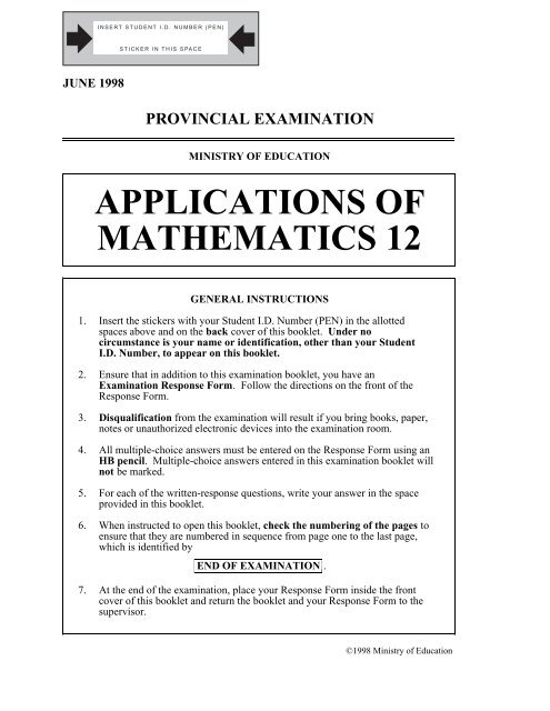 APPLICATIONS OF MATHEMATICS 12 June 1998 - QuestionBank.CA