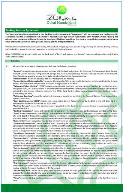 Banking Service Agreement A English Dubai Islamic Bank