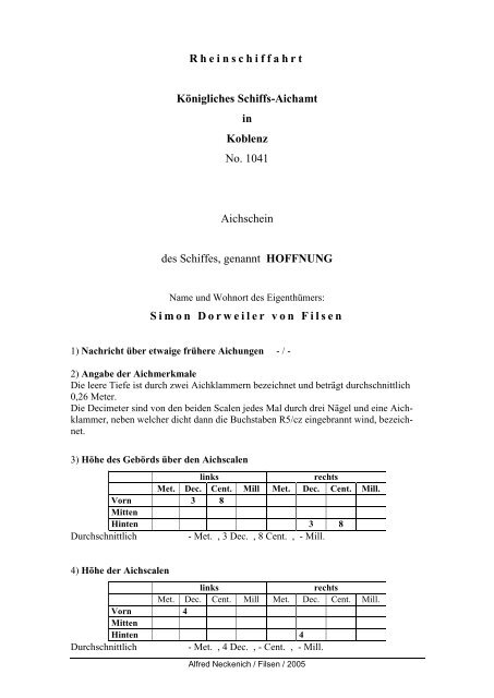 Aichschein des Schiffes HOFFNUNG - Filsen