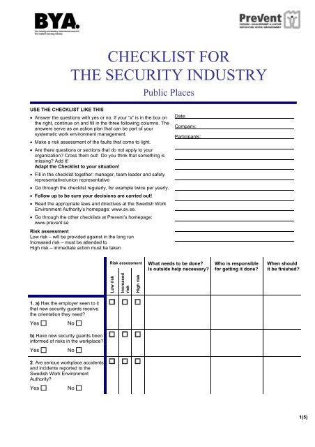 CHECKLIST FOR THE SECURITY INDUSTRY - Prevent