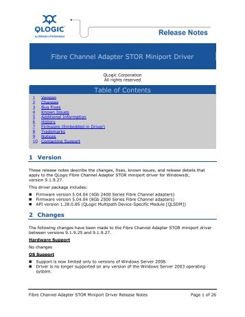 Fibre Channel Adapter STOR Miniport Driver Release Notes - QLogic