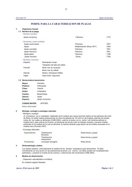 fichas tecnicas perfil para la caracterizaciÃ³n de plagas - Intranet