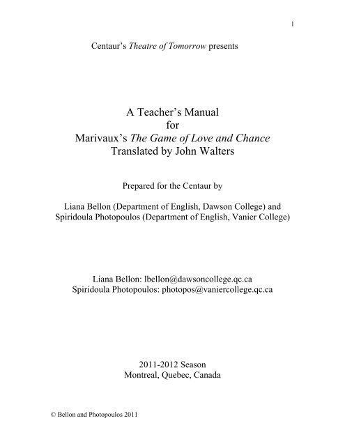 A Teacher S Manual For Marivaux S The Game Of Centaur Theatre