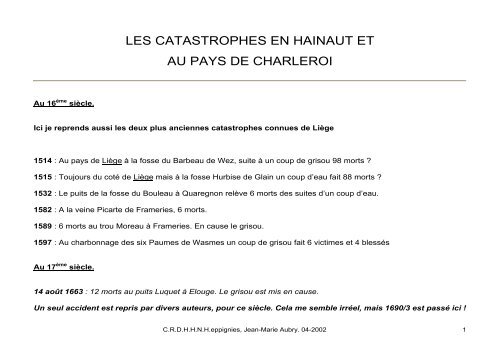 LES CATASTROPHES EN HAINAUT ET AU PAYS DE CHARLEROI