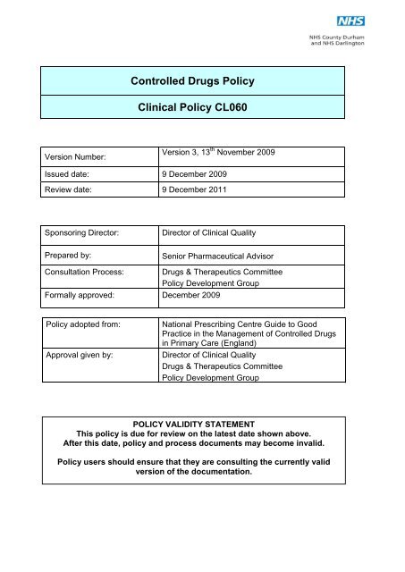 Controlled Drugs Policy Clinical Policy CL060 - NHS County Durham