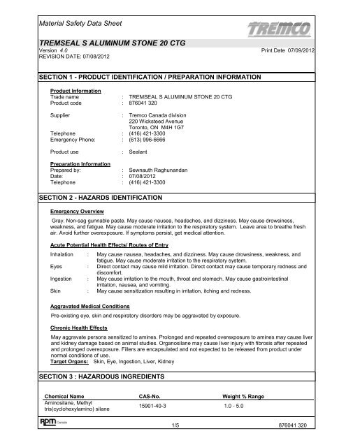 TremSEAL S - Alum/Stone - Canadian MSDS - Tremco Roofing