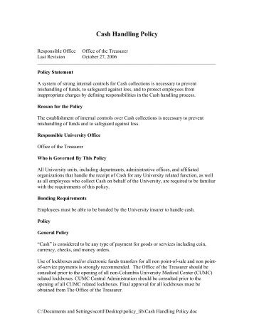 Cash Handling Policy - Columbia University Administrative Policy ...