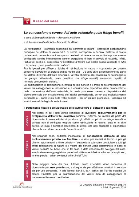 fringe benefit - Centro Studi Lavoro e Previdenza