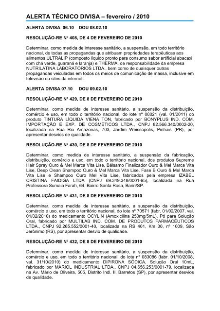 ALERTA TÃƒÂ‰CNICO DIVISA Ã¢Â€Â“ fevereiro / 2010