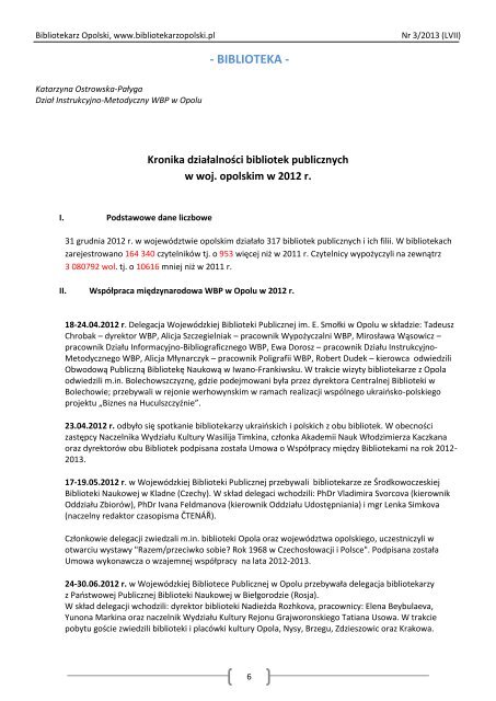 Nr 3/2013 (LVII) ISSN 2083-7321 - Bibliotekarz Opolski