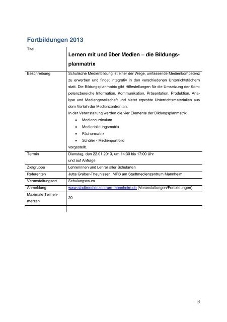 Fortbildungen 2013 - Stadtmedienzentrum Mannheim