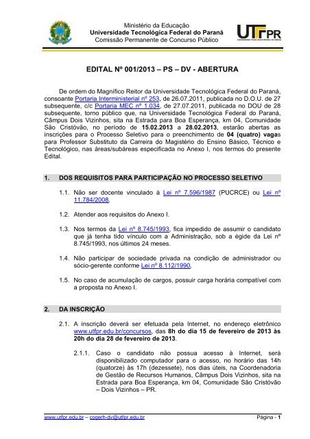 EDITAL NÂº 001/2013 â PS â DV - ABERTURA - UTFPR