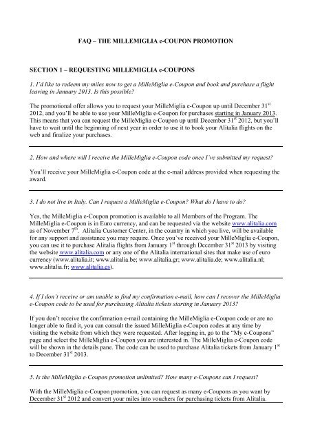 Faq A The Millemiglia E Coupon Promotion Alitalia