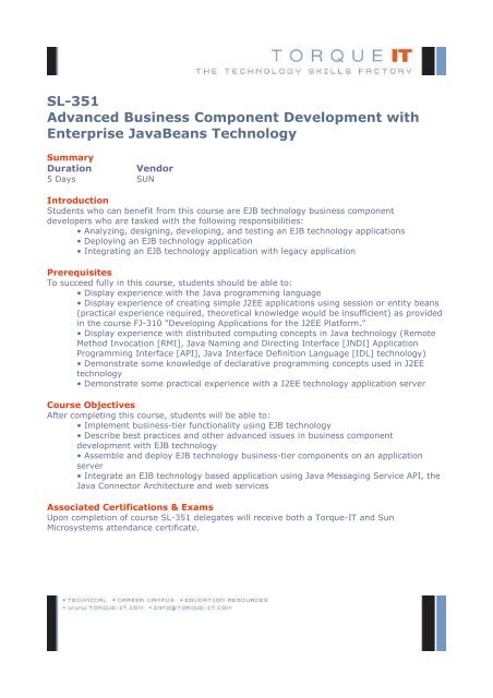 SL-351 Advanced Business Component Development ... - Torque IT