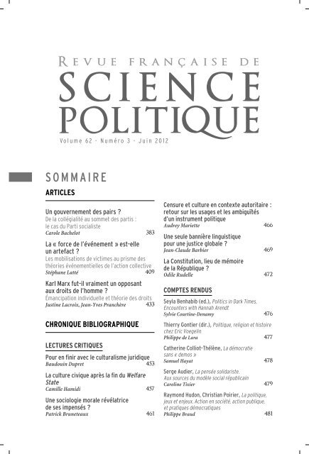 Vol. 62 nÂ°3 juin 2012 - Association franÃ§aise de science politique