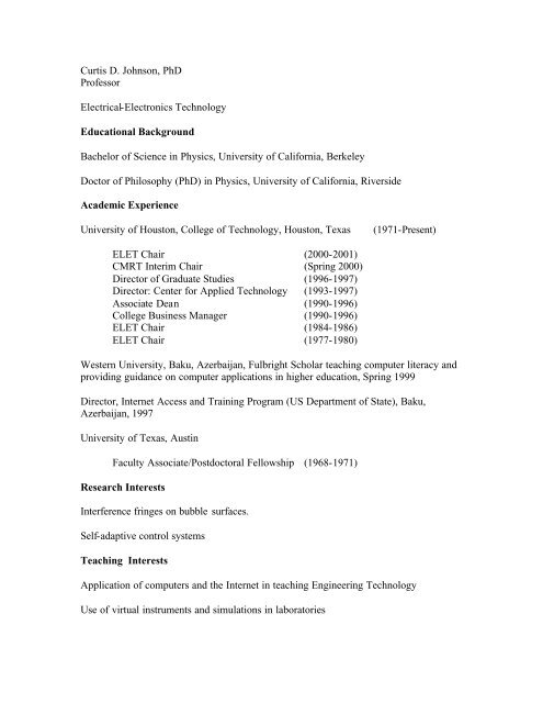 Curtis D. Johnson, PhD Professor Electrical-Electronics Technology ...