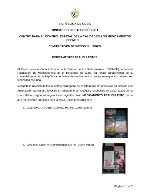 REPÚBLICA DE CUBA MINISTERIO DE SALUD PÚBLICA - Cecmed