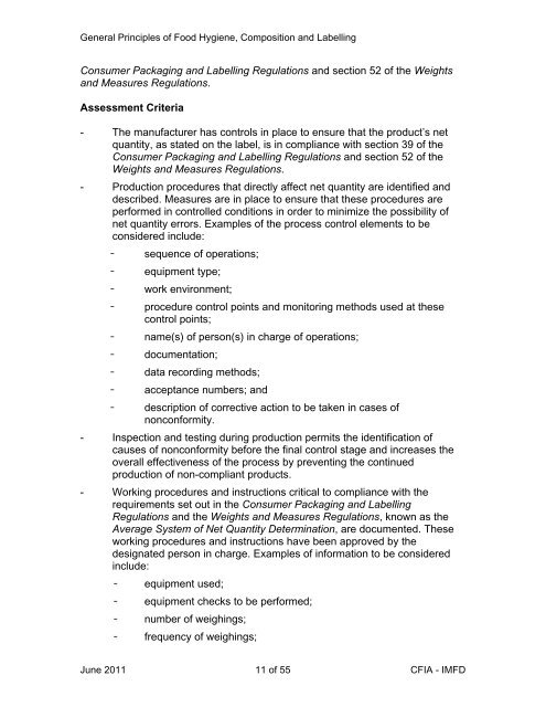 General Principles of Food Hygiene, Composition and Labelling