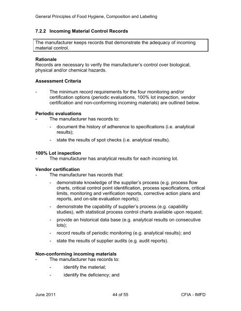 General Principles of Food Hygiene, Composition and Labelling