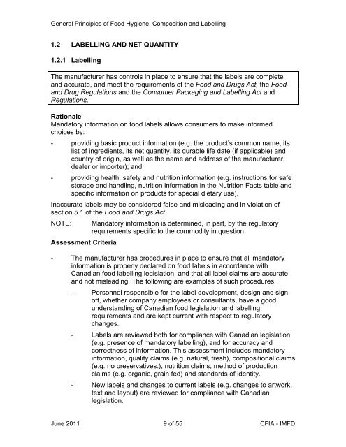 General Principles of Food Hygiene, Composition and Labelling