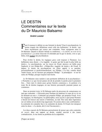 Le destin : commentaires sur le texte du Dr Mauricio Balsamo