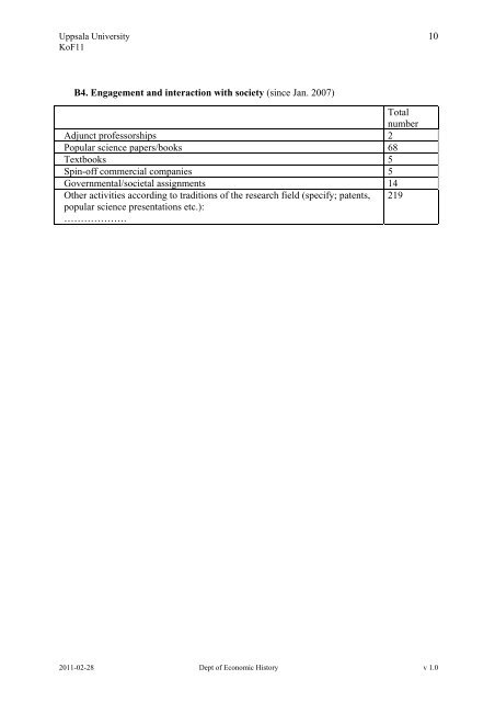 Evaluation document, KoF11 Part A: Strategic aspects on research ...