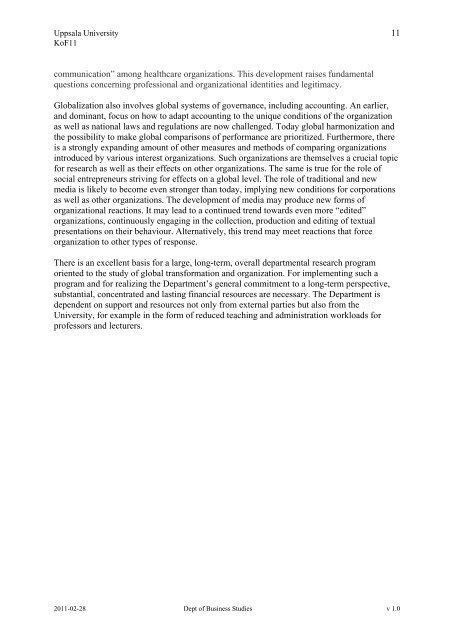 Evaluation document, KoF11 Part A: Strategic aspects on research ...