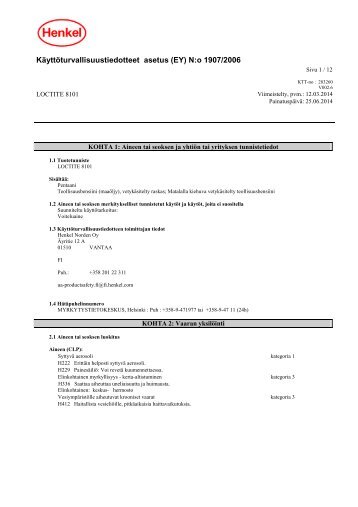 (EY) N:o 1907/2006 mukainen kÃ¤yttÃ¶turvallisuustiedote