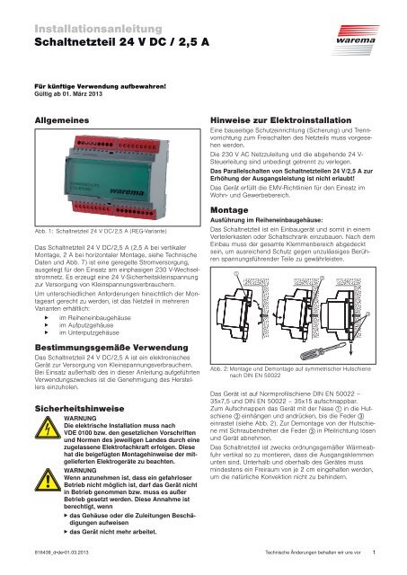 Installationsanleitung Schaltnetzteil 24 V DC / 2,5 A - Warema