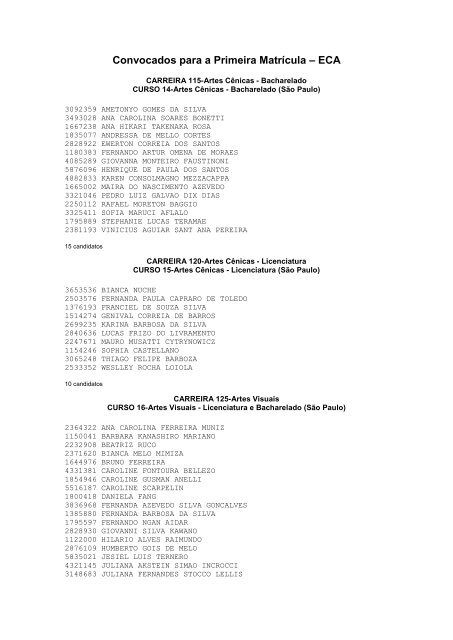 Convocados para a Primeira MatrÃ­cula â ECA