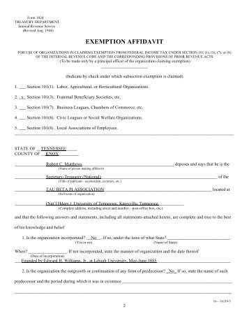 IRS Exemption Affidavit, Form 1024 - Tau Beta Pi