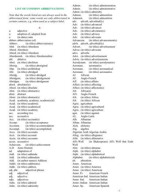 LIST OF COMMON ABBREVIATIONS Note that the words listed are ...