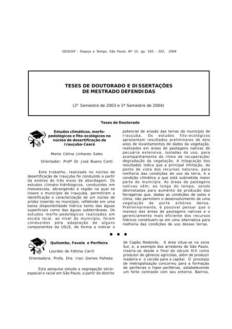 teses de doutorado e dissertaÃ§Ãµes de mestrado defendidas - USP