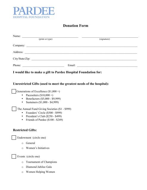 Downloadable Donation Form - Pardee Hospital