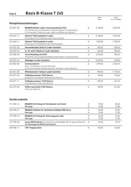 Preisliste fÃ¼r B-Klasse (T 245)