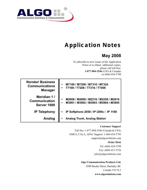 Algo Application Notes for Nortel Norstar, BCM, CS 1000, Analog, IP