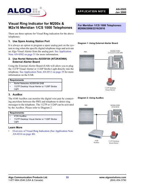 Algo Application Notes for Nortel Norstar, BCM, CS 1000, Analog, IP