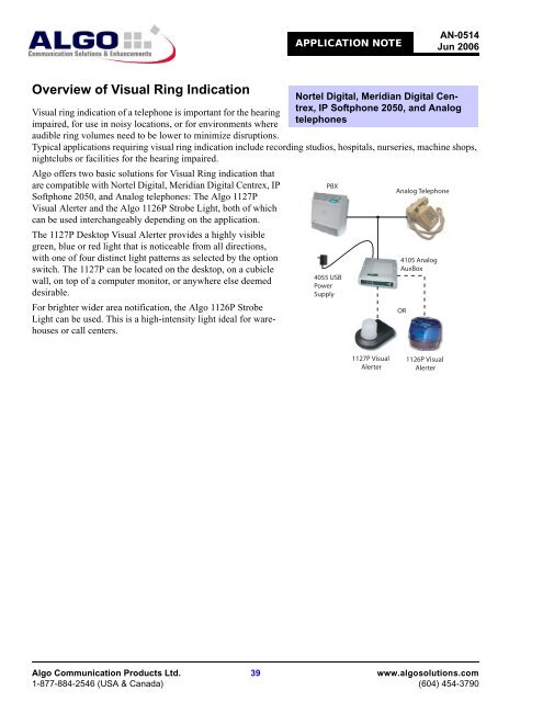 Algo Application Notes for Nortel Norstar, BCM, CS 1000, Analog, IP