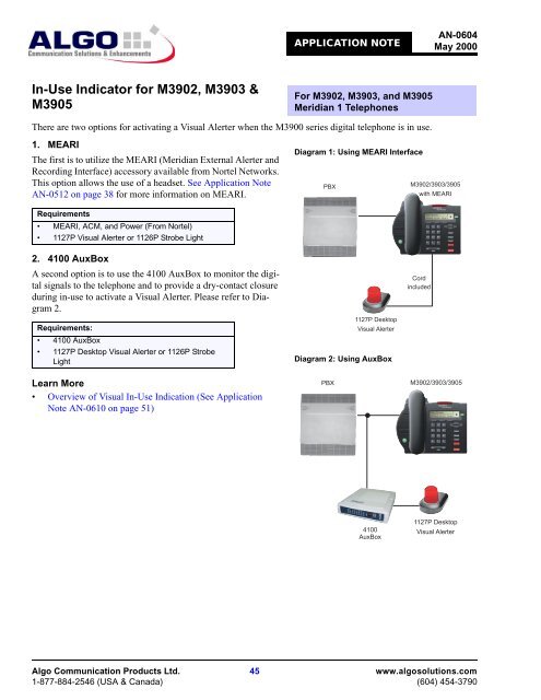 Algo Application Notes for Nortel Norstar, BCM, CS 1000, Analog, IP
