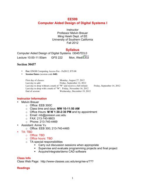 Syllabus USC Ming Hsieh Department Of Electrical Engineering