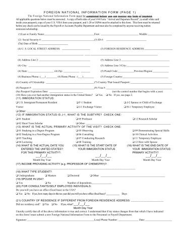 FOREIGN NATIONAL INFORMATION FORM (PAGE 1)