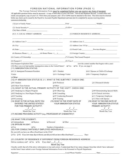 FOREIGN NATIONAL INFORMATION FORM (PAGE 1)