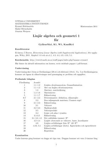 LinjÃ¤r algebra och geometri 1 fÃ¶r - Matematiska institutionen ...