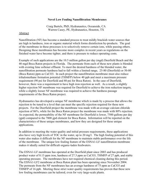 Novel Low Fouling Nanofiltration Membranes Craig Bartels, PhD ...