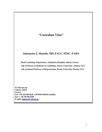 “Curiculum Vitae” Athanasios J. Manolis, MD, FACC, FESC, FAHA