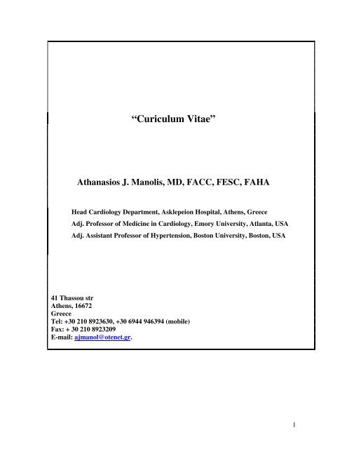 “Curiculum Vitae” Athanasios J. Manolis, MD, FACC, FESC, FAHA